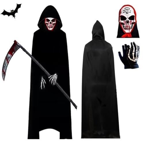 LuckyQianyi 4er Set Sensenmann Verkleidung für Erwachsene und Kinder, Schwarzer Sensenmann Umhang mit Totenkopfmaske und Handschuhen, Halloween, Cosplay, Mardi Gras Sensenmann Kostüm (Children) von LuckyQianyi