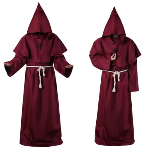 LuckyQianyi Halloween Mönch Kostüm, Horror Kostüm, Priester Robe, Umhang, schwarzes Kostüm, mittelalterliche Robe, Kreuz, Seil, Herrenmantel, Gothic, Ritter, Plus Size Kostüm, Cosplay (claret, S) LuckyQianyi Halloween Mönch Kostüm, Horror Kostüm, Priester Robe, Umhang, schwarzes Kostüm, mittelalterliche Robe, Kreuz, Seil, Herrenmantel, Gothic, Ritter, Plus Size Kostüm, Cosplay (claret, S) von LuckyQianyi