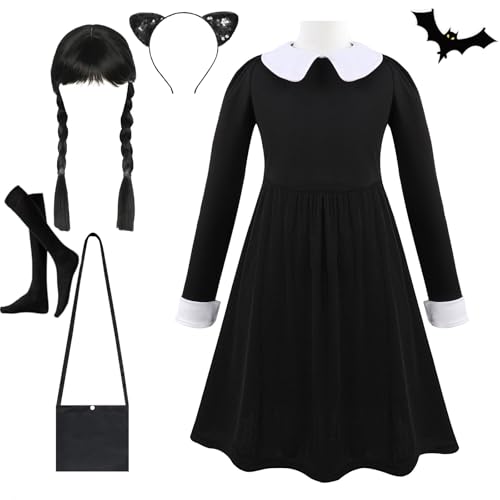 LuckyQianyi Mittwoch Kostüm Kleid Damen Schwarzes Kinder Gotisch Kostüm Erwachsener Mittwoch Familie Kostüm，Cosplay Kleider Fasching Halloween (B, 110CM) von LuckyQianyi