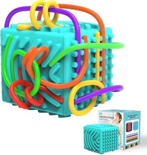 Luckynono 3D Sensorische Aktivität Board - Silikon Sensorische Spielzeug mit 10 Silikonfäden – Feinmotorik & Hand-Auge-Koordination für Kinder/Erwachsene, Anti-Stress Aktivitätswürfel (Grün) von Luckynono