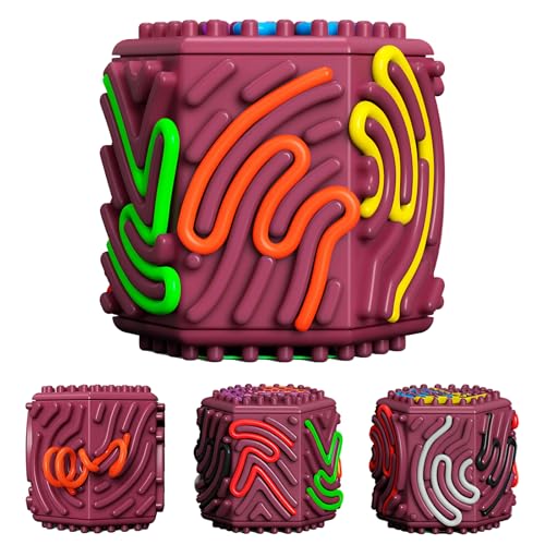 Luckynono 3D Sensorische Aktivität Board - Silikon Sensorische Spielzeug mit 10 Silikonfäden – Feinmotorik & Hand-Auge-Koordination für Kinder/Erwachsene, Anti-Stress Aktivitätswürfel (Rot) von Luckynono