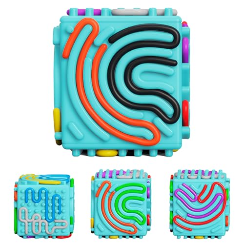 Luckynono Sensorikspielzeug mit 10 Silikonfäden – Feinmotorik & Hand-Auge-Koordination für Kinder/Erwachsene, Anti-Stress Aktivitätswürfel, Montessori Lernspielzeug (Würfel blau) von Luckynono