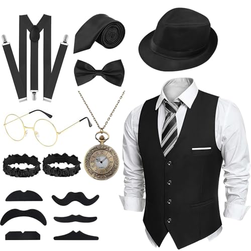 Luckyou 20er Jahre Kostüm Herren Peaky Blinders Kostüm mit 20er Jahre Accessoires Taschenuhr 1920er Herren Outfit Partei Costume für Men's Carnival Halloween-Black-M von Luckyou