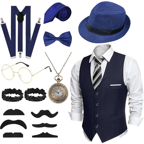 Luckyou 20er Jahre Kostüm Herren Peaky Blinders Kostüm mit 20er Jahre Accessoires Taschenuhr 1920er Herren Outfit Partei Costume für Men's Carnival Halloween-Dark Blue-L von Luckyou