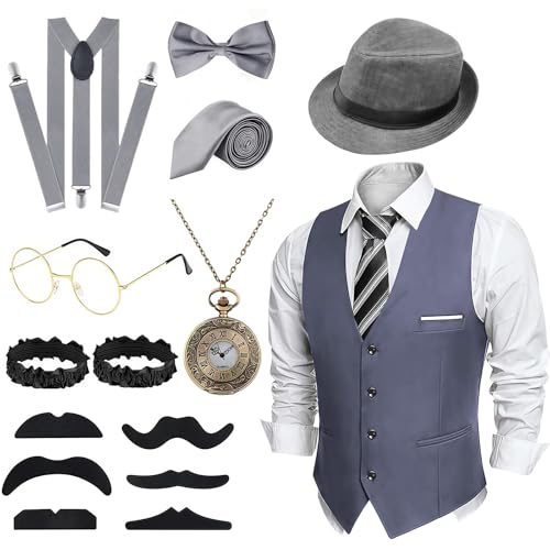 Luckyou 20er Jahre Kostüm Herren Peaky Blinders Kostüm mit 20er Jahre Accessoires Taschenuhr 1920er Herren Outfit Partei Costume für Men's Carnival Halloween-Grey-S von Luckyou