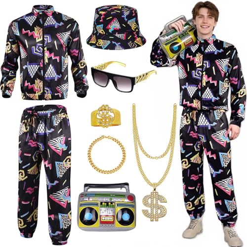 Luckyou 80er Jahre Outfit Herren 90er Jahre Kostüm mit Sonnenbrille Halskette Ring 80er Retro Jahre Trainingsanzug Kostüm Herren Damen für Karneval Disco Party-S von Luckyou