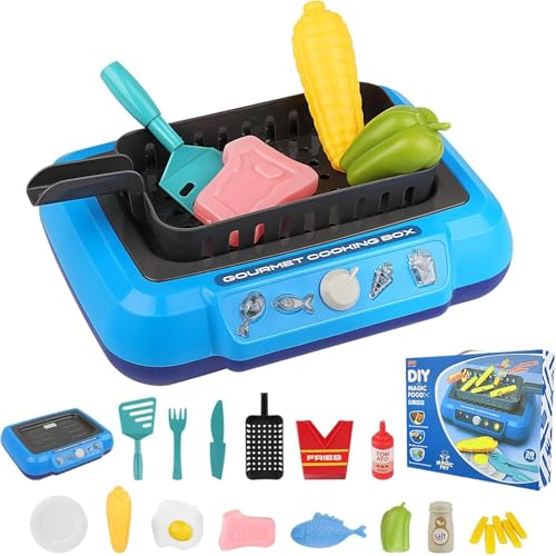Luckywaqng 20PC Gourmet Cooking Box Toy Simulation Cooking Toy Pretend Play Gourmet Cooking Box Water Fryer Cooking Box Play Grill With Cooking Utensils Sets Light Kinderküche Zubehör (Blue, One Size) von Luckywaqng