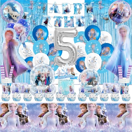 Geburtstag sdeko Kindergeburtstag Mädchen- 5 Jahre Luftballon Eisprinzessin Partygeschirr Set Ice Prinzessin Party Tableware Supplies mit Becher Pappteller Tischdecke Servietten für Kinder Babypartys von Luclay
