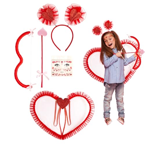 Luclay Rote Amor Kostüm Set für Kinder, 4 Pieces Rote Engel Federflügel Accessoire Verkleidung Halloween Karneval Valentinstag Fancy Dress Engelsflügel Fasching Kostüme von Luclay