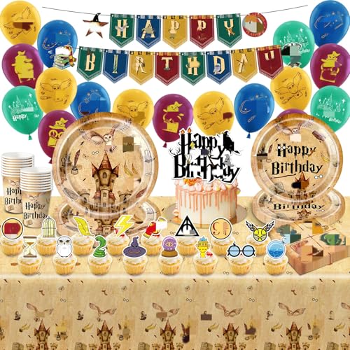 Luclay Geburtstag Party Geschirr Deko Wizard Kinder-84Pcs Ballons Pappteller Tischdecke Banner Geburtstags Birthday Cake Topper Tableware Supplies Servietten Tassen Für Kindergeburtstag Junge Mädchen von Luclay