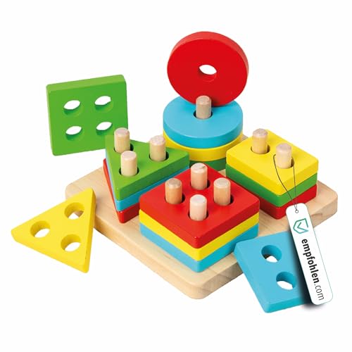 Ludo Lab® Holzspielzeug Motorik Sortierspiel 17-teilig; Montessori Steckspiel & Lernspielzeug mit Formen & Farben; Kompaktes Stapelspiel ab 2 Jahre (Kompakt 11x11x4,5 cm) von Ludo Lab
