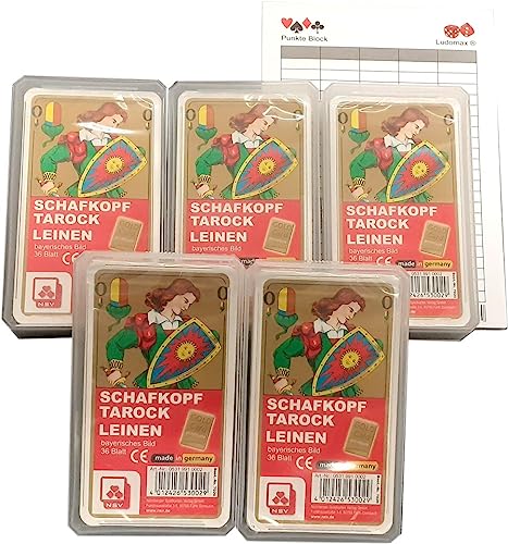 5er Pack Schafkopf Tarock Leinen von Nürnberger Spielkarten, Bayerisches Bild, 36 Blatt mit Block von Ludomax