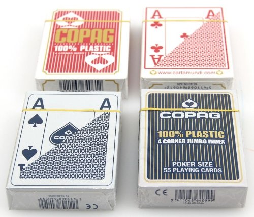 Ludomax Viererpaket Copag 100% Plastic Poker 4 Corner Jumbo Index Spielkarten rot/blau von Ludomax