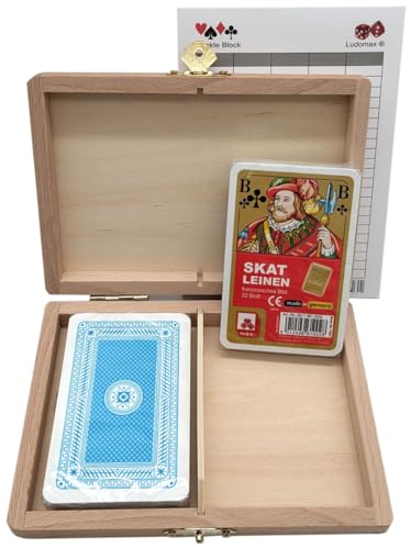 Skat Box NSV Gold Card Premium Leinen Qualität, Holz Kassette mit Zwei Kartenspielen von Ludomax