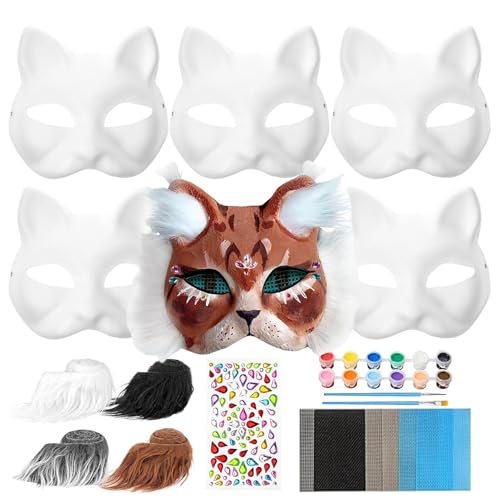 Lueear Dress Up Katzengesichtsabdeckung, 6 Blanko-Kostüm-Gesichtsbedeckung, bemalbare Kostüm-Gesichtsabdeckung, pelzige Tierausrüstung, inklusive Netz, Schnurrhaare, Juwelen-Aufkleber für Halloween, Lueear Dress Up Katzengesichtsabdeckung, 6 Blanko-Kostüm-Gesichtsbedeckung, bemalbare Kostüm-Gesichtsabdeckung, pelzige Tierausrüstung, inklusive Netz, Schnurrhaare, Juwelen-Aufkleber für Halloween, von Lueear