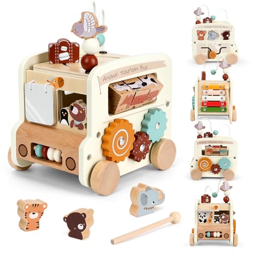 Lueirltoy Motorikwürfel Holzspielzeug Motorikschleife, 9 in 1 Hölzerne Aktivität Würfel für Ab 1 Jahr Spielzeug Bus Holz Aktivitätswürfel Cube Baby Holzspielzeug kinderspielzeug von Lueirltoy