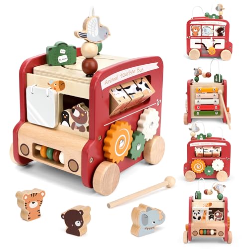 Lueirltoy Motorikwürfel Holzspielzeug Motorikschleife, 9 in 1 Hölzerne Aktivität Würfel für Ab 1 Jahr Spielzeug Bus Holz Aktivitätswürfel Cube Baby Holzspielzeug kinderspielzeug von Lueirltoy