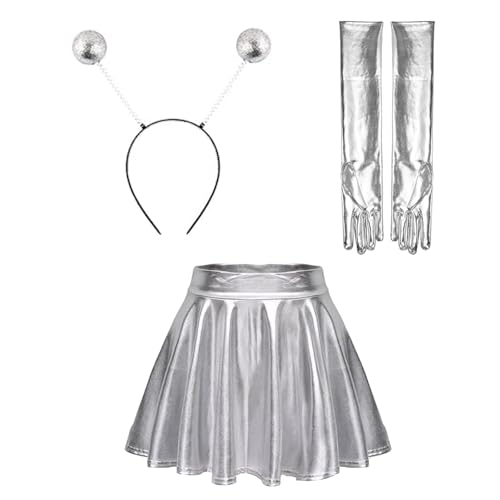 3pcs Alien Kostüm Damen Set, Space Kostüm Damen, Rock Silber Metallic Glitzer Outfits, Stirnband Lange Handschuhe Rock Kostüm Alien Damen Alien Accessoires für Halloween Maskerade Karneval (M) von Lufdegim
