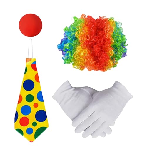 4 Stück Clown Kostüm Accessoire Set, Clownkostüm Clown Verkleiden Regenbogen Perücke + Clownsnase + Handschuhe + Bunte Krawatte, Clown Kostümzubehör, für Halloween Cosplay Fasching Karneval Kostüme 4 Stück Clown Kostüm Accessoire Set, Clownkostüm Clown Verkleiden Regenbogen Perücke + Clownsnase + Handschuhe + Bunte Krawatte, Clown Kostümzubehör, für Halloween Cosplay Fasching Karneval Kostüme von Lufdegim