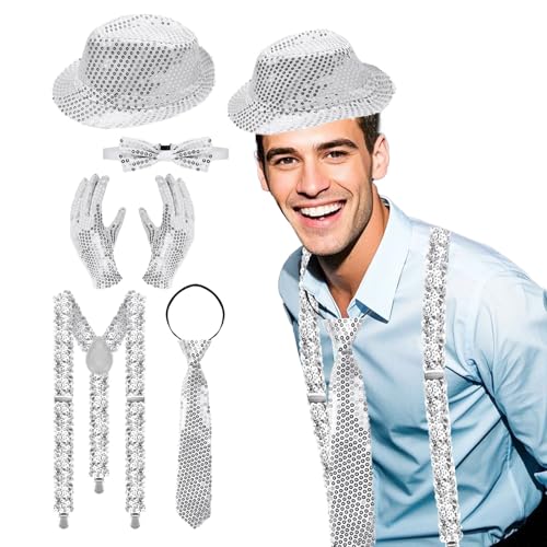 5 Stück 70er Jahre Disco Glitzer Kostüm Accessories, Glitzer Accessoires Pailletten Hut, Pailletten Hosenträger, Pailletten Fliege Handschuhe krawatte, für Fasching Jazz Dance Karneval Kostüm Zubehör 5 Stück 70er Jahre Disco Glitzer Kostüm Accessories, Glitzer Accessoires Pailletten Hut, Pailletten Hosenträger, Pailletten Fliege Handschuhe krawatte, für Fasching Jazz Dance Karneval Kostüm Zubehör von Lufdegim