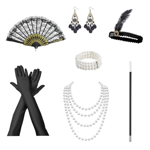 7 Stück 20er Jahre Kostüm Accessoires, Gatsby Damen 1920er Kleider Set - Stirnband, Halskette, Armband, Handschuhe, Ohrringe, Spitze Faltfächer von Lufdegim