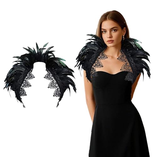 Damen Federkragen Spitze, Gothic Kostüm Damen Feder Cape Spitze, Gothic Raben Kostüm für Halloween Kostüm Fasching Maskerade Karneval Cosplay (Schwarz) von Lufdegim