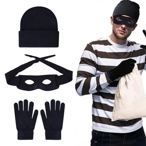 Lufdegim 3 Teiliges Dieb Kostüm Set, Bankräuber Kostüm Räuber Kostüm Erwachsene con Augenmaske, Strickmütze, Handschuhe Bankräuber Kostüm für Karneval Halloween Fasching Mottoparty Lufdegim 3 Teiliges Dieb Kostüm Set, Bankräuber Kostüm Räuber Kostüm Erwachsene con Augenmaske, Strickmütze, Handschuhe Bankräuber Kostüm für Karneval Halloween Fasching Mottoparty von Lufdegim