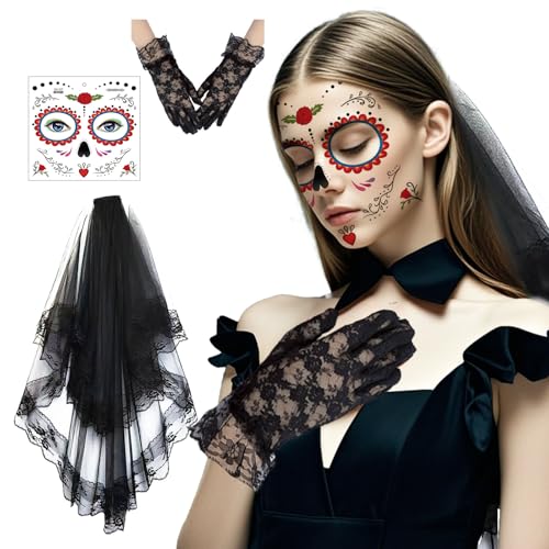 Lufdegim 3Pcs Tag Der Toten Schleier Halloween, Brautschleier Haarband, Spitzenhandschuhe, Temporäre Gesicht Tattoos, Halloween Kostüm Zubehör für Halloween karneval Fasching Maskerade Cosplay Party Lufdegim 3Pcs Tag Der Toten Schleier Halloween, Brautschleier Haarband, Spitzenhandschuhe, Temporäre Gesicht Tattoos, Halloween Kostüm Zubehör für Halloween karneval Fasching Maskerade Cosplay Party von Lufdegim