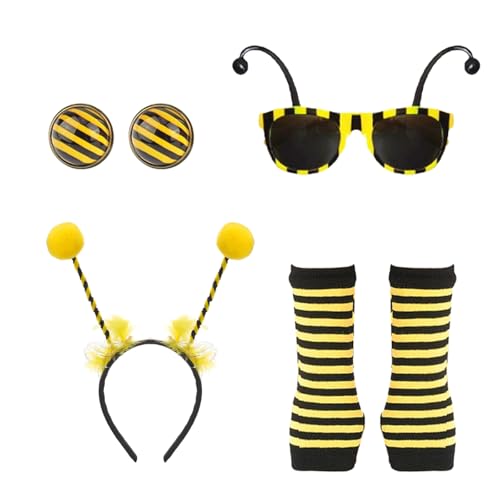 Lufdegim 4 Stück Bienen Kostüm Damen, Kostüm Biene Damen für Erwachsen Karneval Cosplay Kostüm Damen mit Bienen Haarreif Brille Handschuhe Bienen Kostümzubehör für Karneval Fasching Cosplay Kostüm von Lufdegim