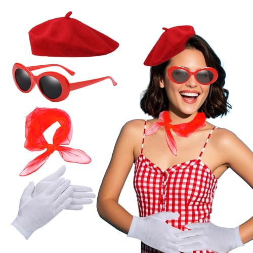 Lufdegim 4 Stück Rockabilly Accessoires Pantomime Kostüm Damen 50er Jahre Kostüm Damen 1950s Kostüm Set, Rockabilly Accessoires Damen Baskenmütze Rot Chiffon Schal Handschuhe Brillen Lufdegim 4 Stück Rockabilly Accessoires Pantomime Kostüm Damen 50er Jahre Kostüm Damen 1950s Kostüm Set, Rockabilly Accessoires Damen Baskenmütze Rot Chiffon Schal Handschuhe Brillen von Lufdegim