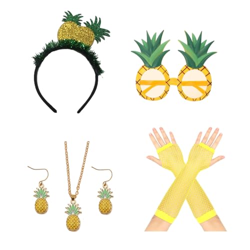 Lufdegim 5 Stück Ananas Kostüm Damen, Ananas Kostüm Party Set, Ananas Haarreif Ananas Handschuhe Ananas Brille Hawaii Party Kostüm Obst Kostüm für Karneval Hawaii Fasching Beachparty Kostüm von Lufdegim