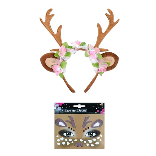 Lufdegim Reh Kostüm Damen Accessoires, Reh Haarreif Damen + Glitzer Rentier Gesicht Tattoos, Kostüm Reh Haarreif Geweih Haarreif Faschingskostüme Karneval Fasching Halloween Party Cosplay von Lufdegim