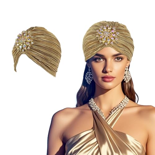 Lufdegim Turban Damen Hut mit Abnehmbarer Kristall Brosche 1920s Fasching Hut Damen Vintage Turban Elastische Kopf Wraps Gatsby Kostüm Accessoires (Gold) von Lufdegim
