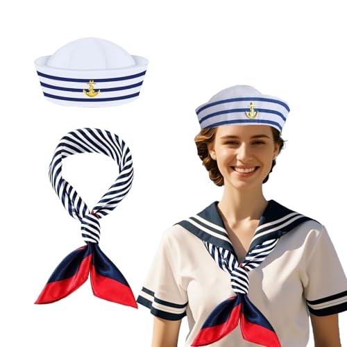 Matrosen Kostüm Set, Gestreift Matrosenmütze und Schal, Matrosen Kostüm Damen und Männer, Blau Weiß Gestreift Seemannsmütze und Schal Set, Matrosen Kostüm für Karneval Verkleidungsparty Kostümzubehör von Lufdegim
