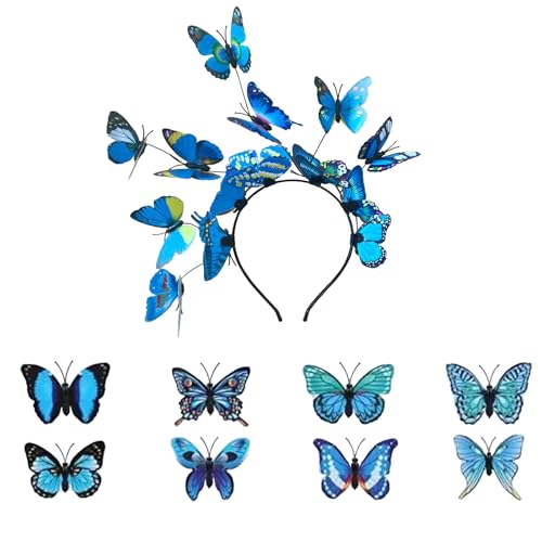 Schmetterling Haarreif und 8 Stück Haarspangen, Schmetterling Haarreif Karneval, Schmetterlings Haarschmuck, Fee Stirnband, Schmetterling Haarreif Kostüm Für Karneval, Hochzeit, Halloween (Blau) von Lufdegim