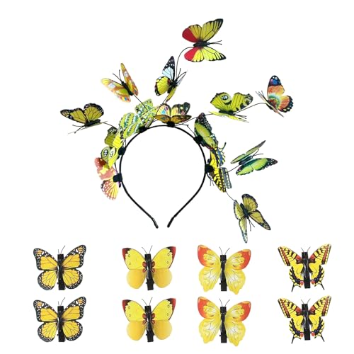 Schmetterling Haarreif und 8 Stück Haarspangen, Schmetterling Haarreif Karneval, Schmetterlings Haarschmuck, Fee Stirnband, Schmetterling Haarreif Kostüm Für Karneval, Hochzeit, Halloween (Gelb) von Lufdegim