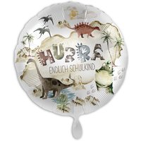 "Hurra Endlich Schulkind", Folienballon rund mit Dinosaurier-Motiv, Ø 34cm "Hurra Endlich Schulkind", Folienballon rund mit Dinosaurier-Motiv, Ø 34cm von Luftballon-Markt GmbH