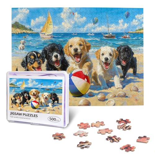 Lustige Hundepuzzles für Erwachsene, 500 Teile, niedliches Welpen-Tier-Strandbild, Puzzle, Familiencollage, Puzzles, Heimdekoration, Geschenke für Hundeliebhaber von Luixdie