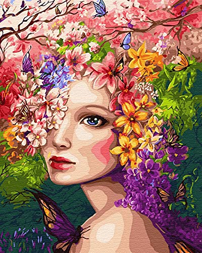 LukFun DIY Ölgemälde Malen nach Zahlen Kits für Erwachsene, Malen nach Zahlen, Bunte Schmetterlinge & Beauty Lady Craft auf Leinwand 40x50cm (Blumenmädchen, Ohne Rahmen) von LukFun
