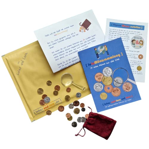 [ Lukas und Lara auf Tour ] lula-Münzsammlung für Kinder, 24 echte Münzen aus Aller Welt, inkl. Samtbeutel, Lupe und Münz-Aktionsheft von [ Lukas und Lara auf Tour ]