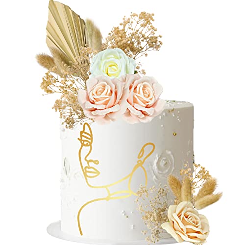 Lukinuo 21 Stück Boho-Kuchendekoration Acryl Minimalistische Kunst Dame Gold Gesicht Kuchen Topper Vintage Künstliche Rosen Blumen Blätter Kuchen Topper Dekor für Bohemian Geburtstag von Lukinuo