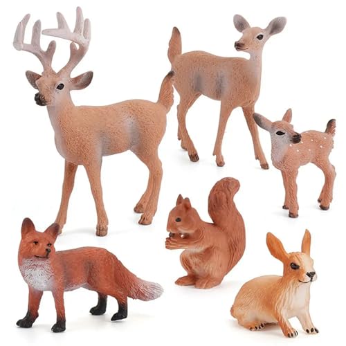 Lukinuo Waldtiere Figuren 6 Stück Waldtiere Figuren Miniaturtiere Spielzeug Tortenaufsätze mit Hirsch Familie Fuchs Kaninchen Eichhörnchen Wald Wald Themenparty Weihnachtsdisplay von Lukinuo