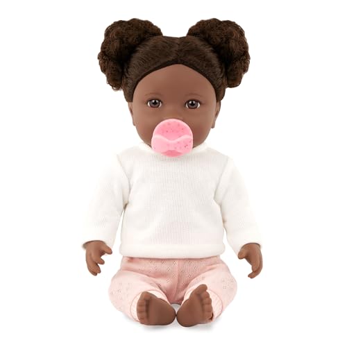 LullaBaby 35,6 cm große realistische Babypuppe – lockiges dunkelbraunes Haar, braune Augen & weicher Körper – Pullover & Hosen Outfit, Haargummis & Schnuller – Rollenspiel – Babypuppe mit lockigem von LullaBaby