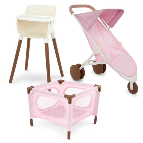 LullaBaby 35,6 cm großes Babypuppen-Zubehör-Set – Kinderzimmer-Pflegeset – Hochstuhl, Laufstall & Jogger-Kinderwagen – Spielspielzeug für Kinder ab 2 Jahren – Baby-Puppen-Spielset von LullaBaby