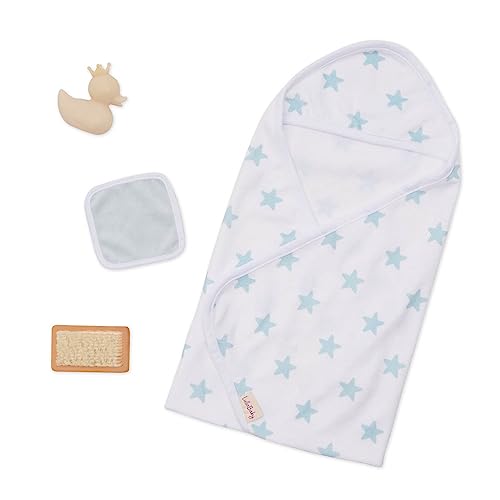 LullaBaby – Kapuzenhandtuch für 36 cm Baby Puppen – Handtuch mit Kapuze und blauen Sternchen – Badeente, Waschlappen, Bürste – Baby Puppenzubehör – Spielzeug für Kinder ab 2 Jahren – Blaue Sterne von LullaBaby