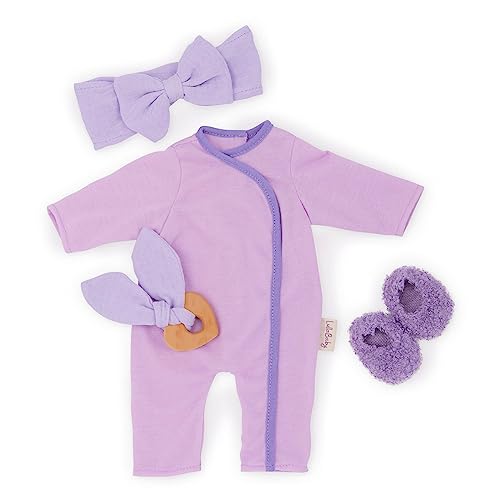 LullaBaby – Puppenkleidung für 36 cm Baby Puppen – Lila Strampler, Stirnband, Schuhe, Spielzeug – Puppen Zubehör – Baby Puppenzubehör – Spielzeug für Kinder ab 2 Jahren – Lila Pyjama von LullaBaby