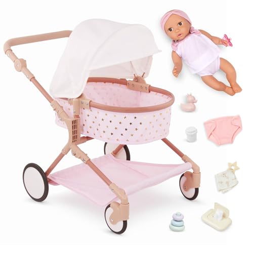 LullaBaby Puppen- und Zwillingskinderwagen-Zubehör-Set – faltbarer Baldachin und Aufbewahrungskorb – rosa & goldene Sterne Design – Rollenspiel – Spielzeug für Kinder ab 2 Jahren von LullaBaby