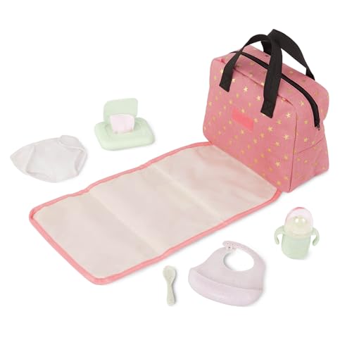 LullaBaby – Wickeltasche für 36 cm Baby Puppen – Lätzchen, Löffel, Windel – Fläschchen, Tücher – Baby Puppenzubehör – Spielzeug für Kinder ab 2 Jahren – Rosa & goldene Sterne LullaBaby – Wickeltasche für 36 cm Baby Puppen – Lätzchen, Löffel, Windel – Fläschchen, Tücher – Baby Puppenzubehör – Spielzeug für Kinder ab 2 Jahren – Rosa & goldene Sterne von LullaBaby