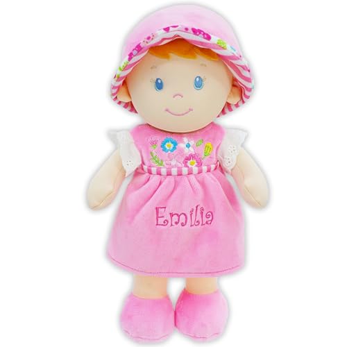 Lullaberry Personalisierte Kuschelpuppe Emilia – Weiche Stoffpuppe für Babys ab Geburt – Mit Wunschname – Rosa Kleid von Lullaberry