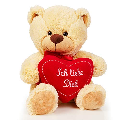 Lumaland Teddybär mit Herz in Beige 30 cm - Ich Liebe Dich Teddy - kuschelig - Plüsch Kuschelbär Kuscheltier Herzkissen - ideal für Freund und Freundin - Geschenk zum Valentinstag von Lumaland